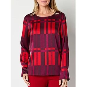Liz Claiborne Red Pink Plaid Satin Long Sleeve Shirt Small/XS Holiday Christmas